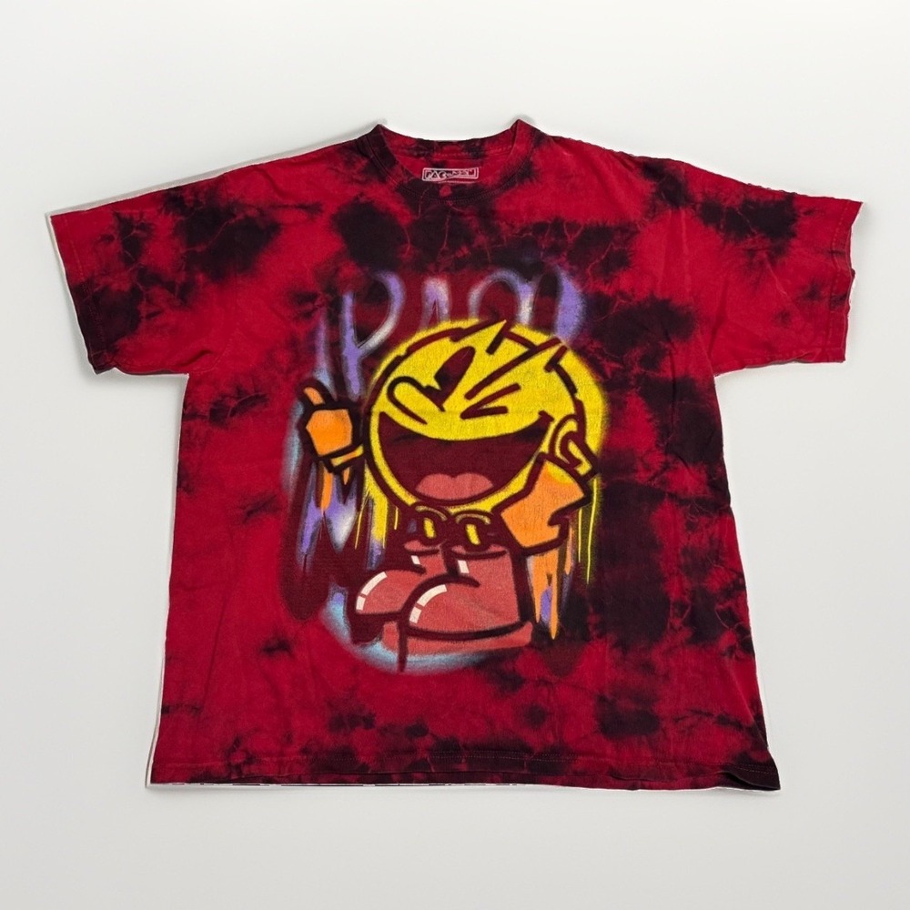 Pac-Man Graffiti Graphic T-Shirt Mens Size XL Red Tie Dye